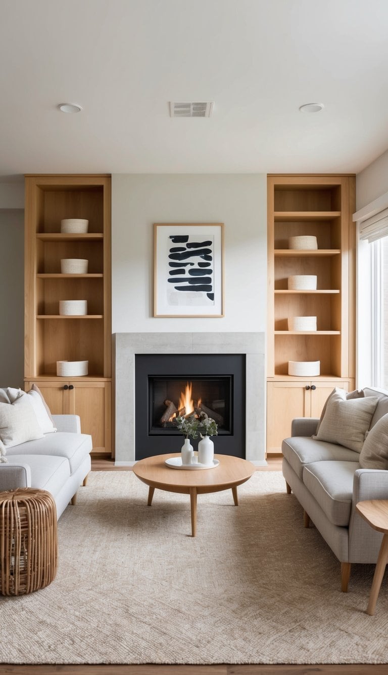 A cozy living room with a fireplace flanked by built-in poplar wood cabinets, featuring practical storage shelves for a stylish and functional space