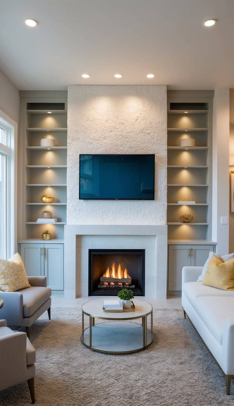 A quartz mantel with built-ins frames a cozy fireplace, featuring 50 built-in shelves for practical storage