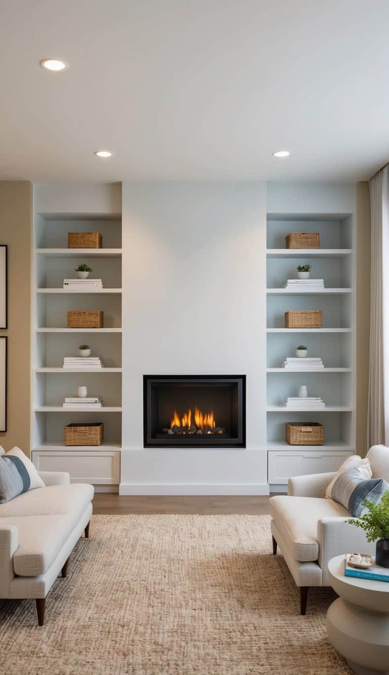 A split-level corner shelves unit with built-in fireplace and practical storage shelves