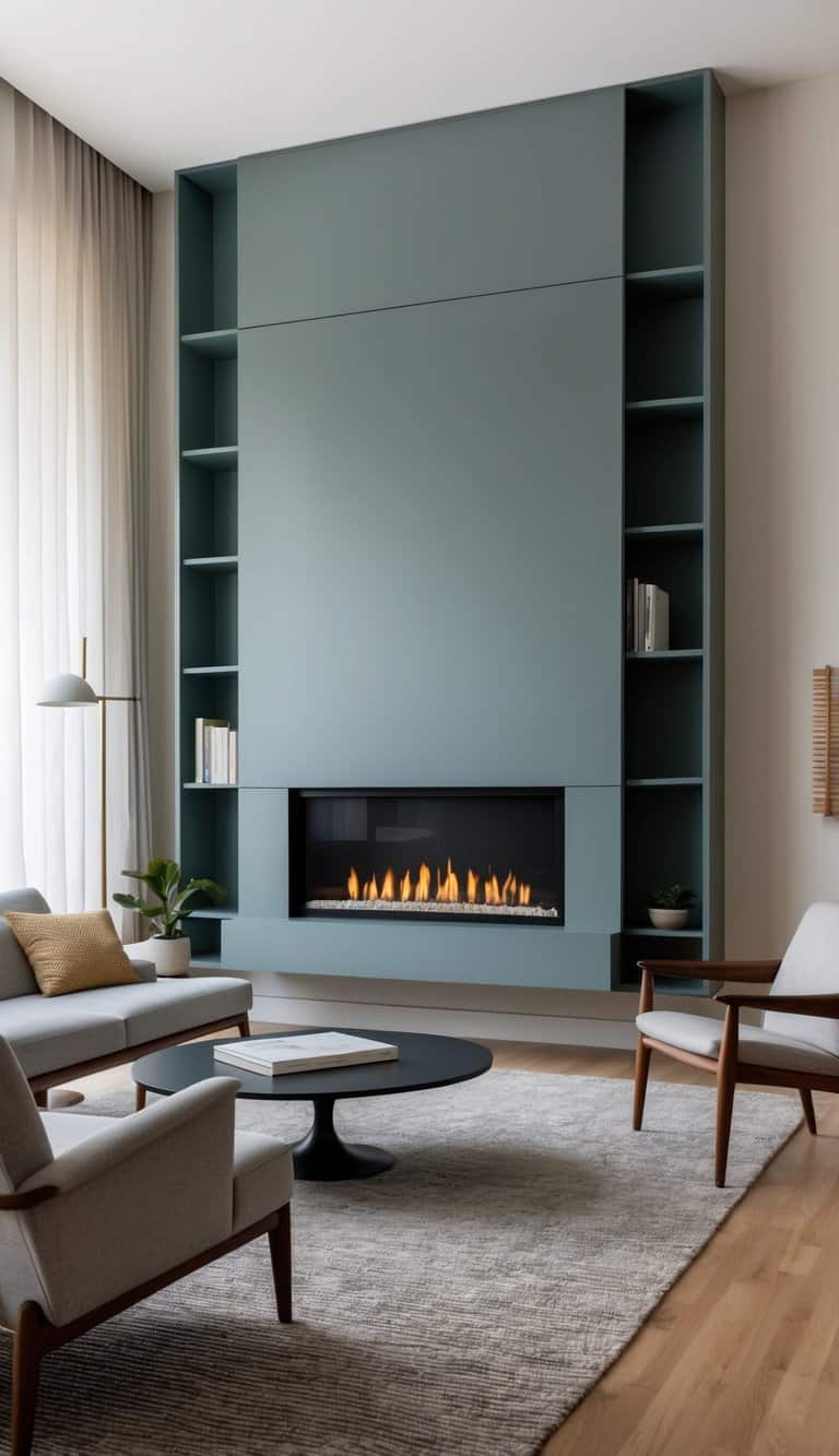 A sleek Mid-Century Modern wall unit with a built-in fireplace and practical shelves for storage