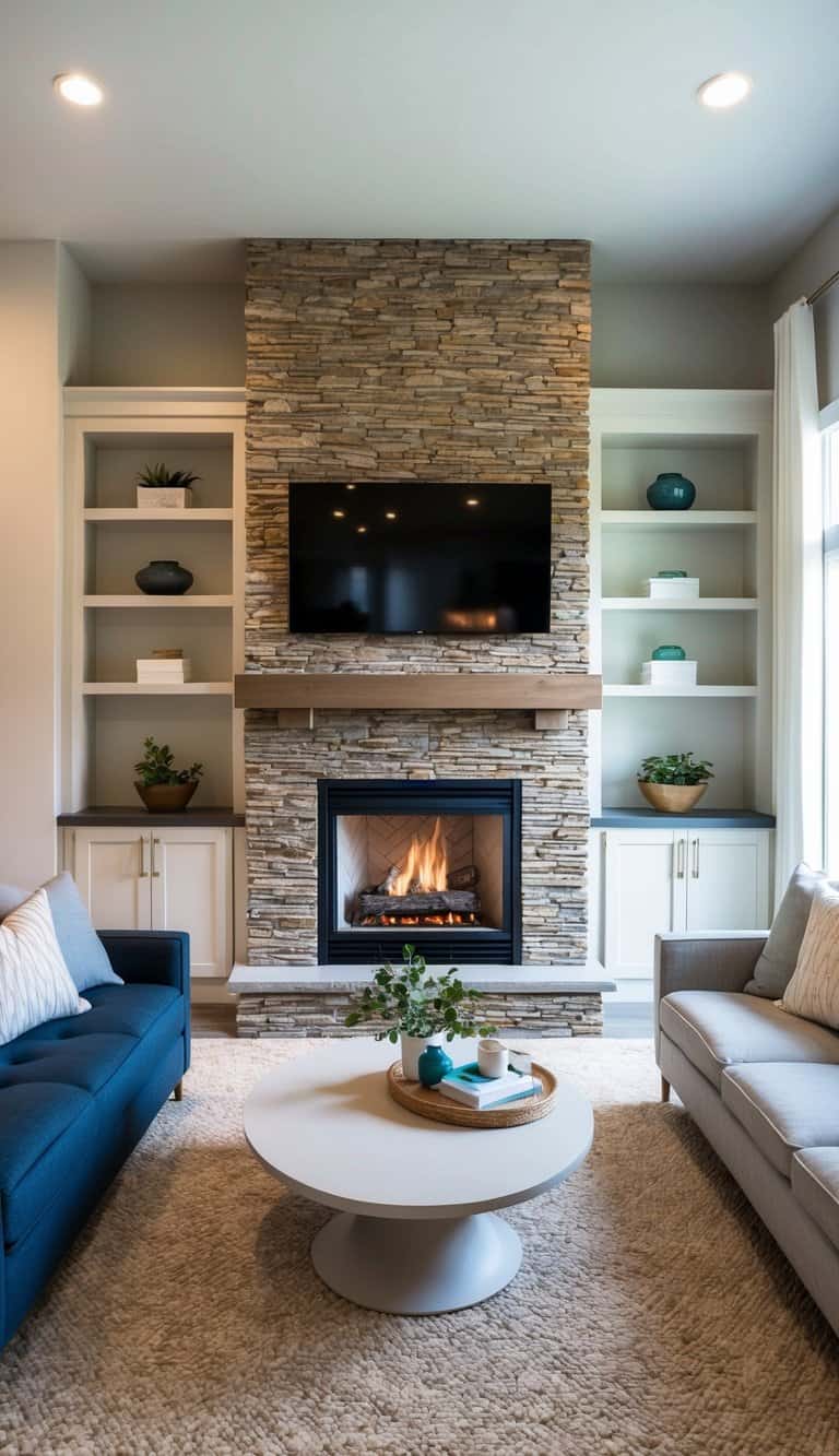 A cozy living room with a fireplace featuring natural stone surround shelves and built-ins for practical storage