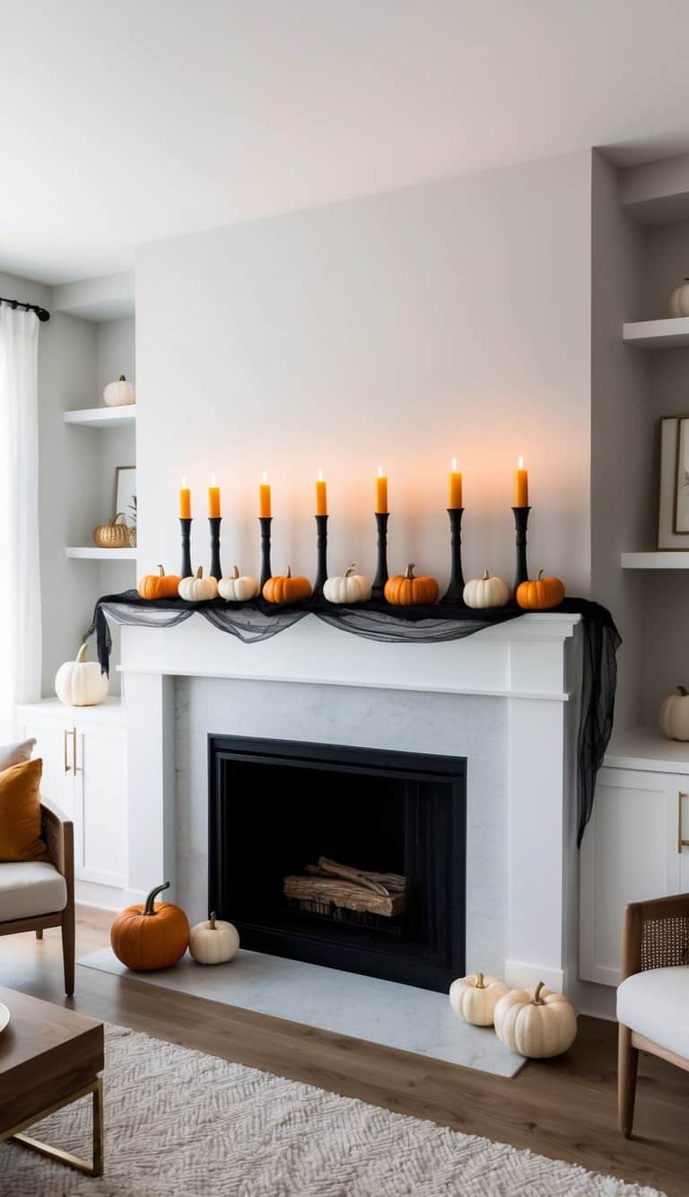 A row of spooky candlestick holders on a mantel surrounded by pumpkins and cobwebs
