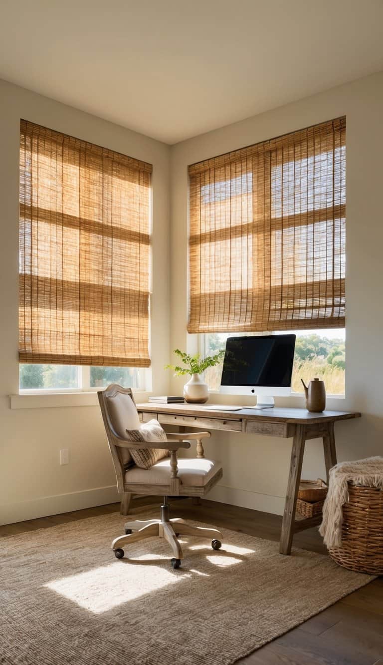 Sunlight filters through bamboo blinds onto a rustic home office with weathered wood furniture and earthy tones