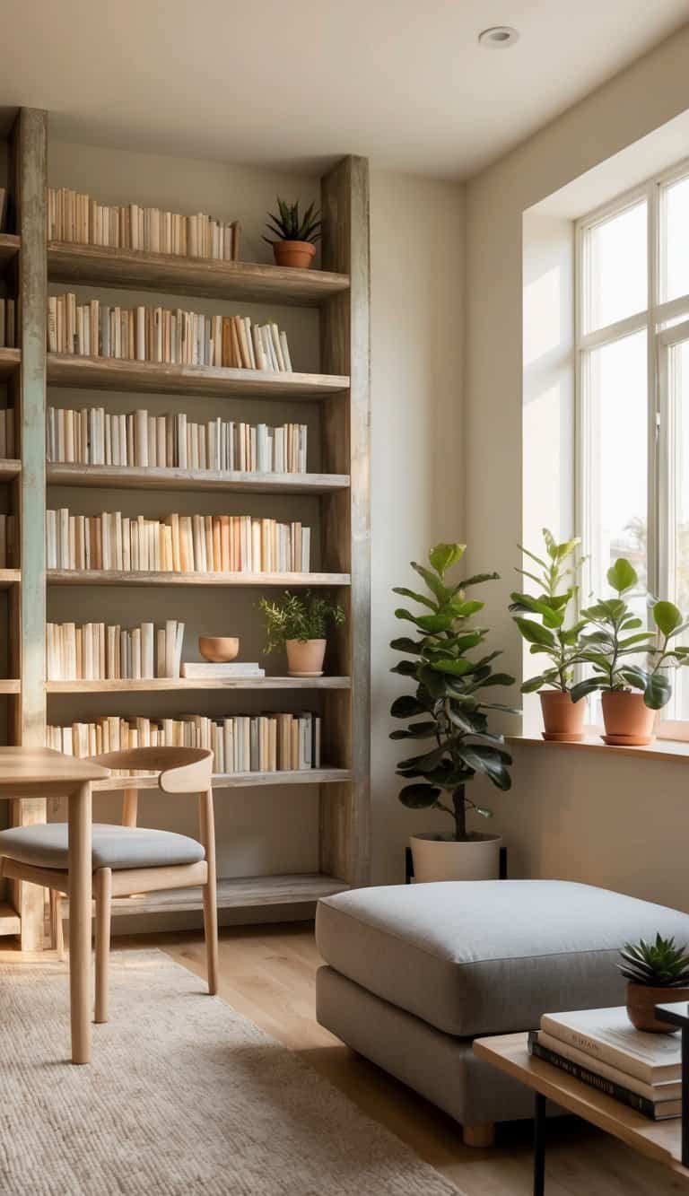 Weathered wooden shelves filled with books and potted plants, bathed in warm natural light from a nearby window