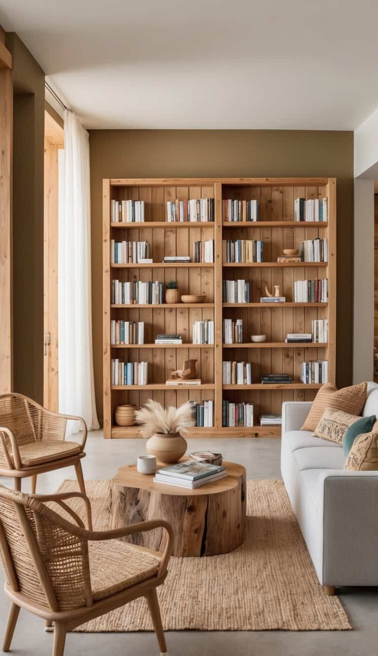 A rustic pine bookshelf filled with books and decorative items, set against a backdrop of earthy tones and natural materials
