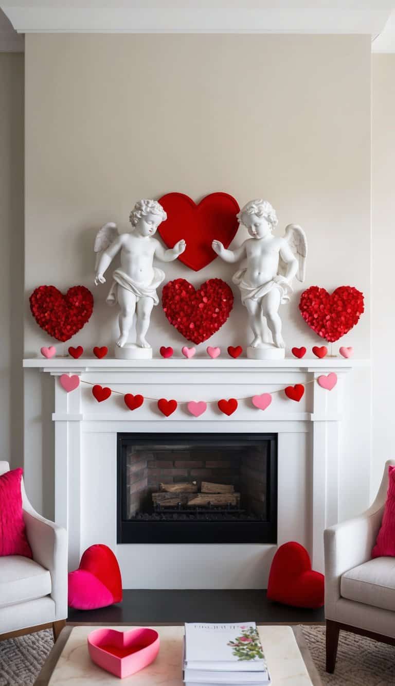 Two cherub statues stand on a mantel adorned with heart-shaped decor and red and pink accents for Valentine's Day