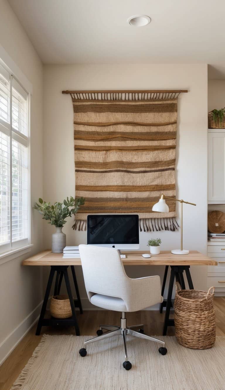 A cozy home office with a wool and cotton wall tapestry, featuring weathered wood, earthy tones, and natural elegance