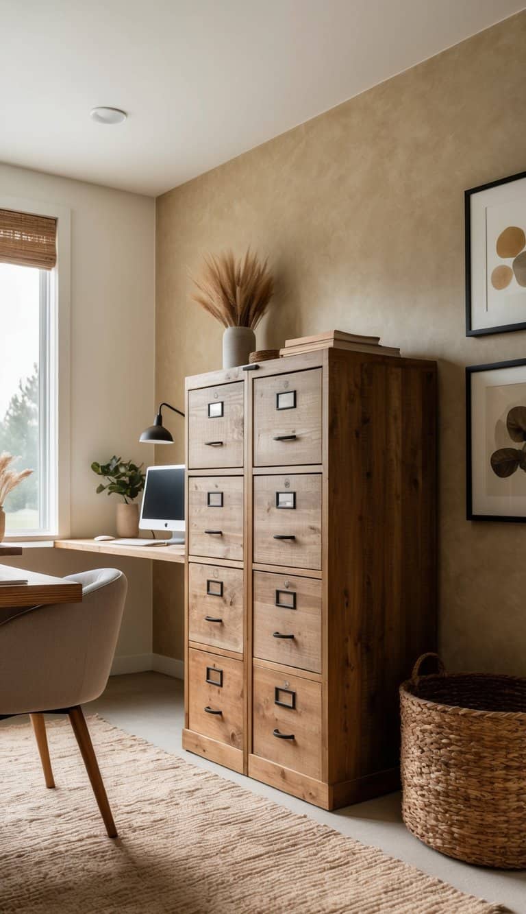 A rustic wooden file cabinet sits in a cozy home office, surrounded by earthy tones and natural textures