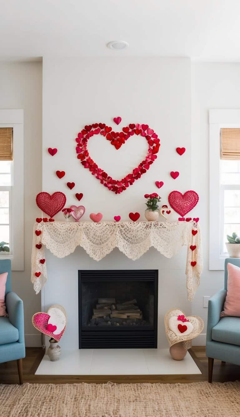 Heart-shaped decor and antique lace doilies adorn a mantel with romantic touches for Valentine's Day