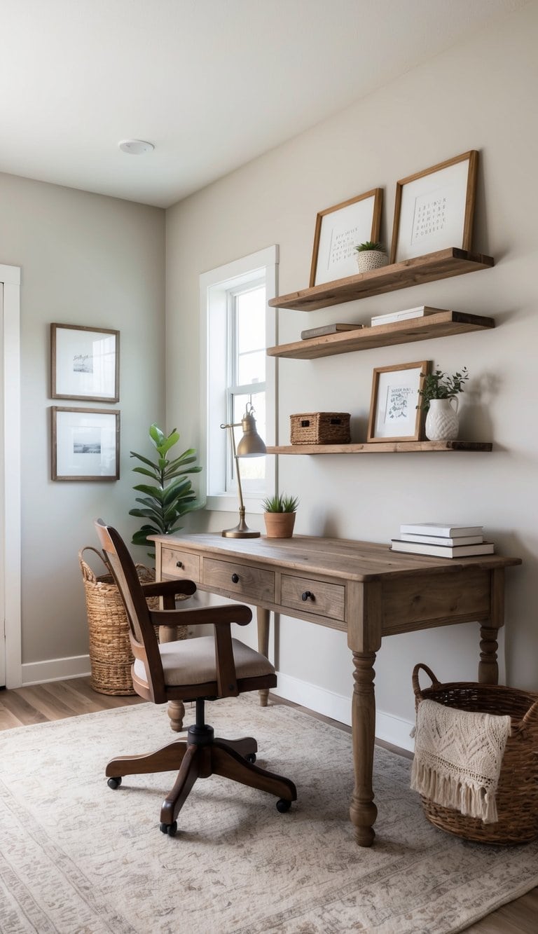 A cozy home office with rustic floating shelves, a vintage desk, and reclaimed wood furniture for a farmhouse charm