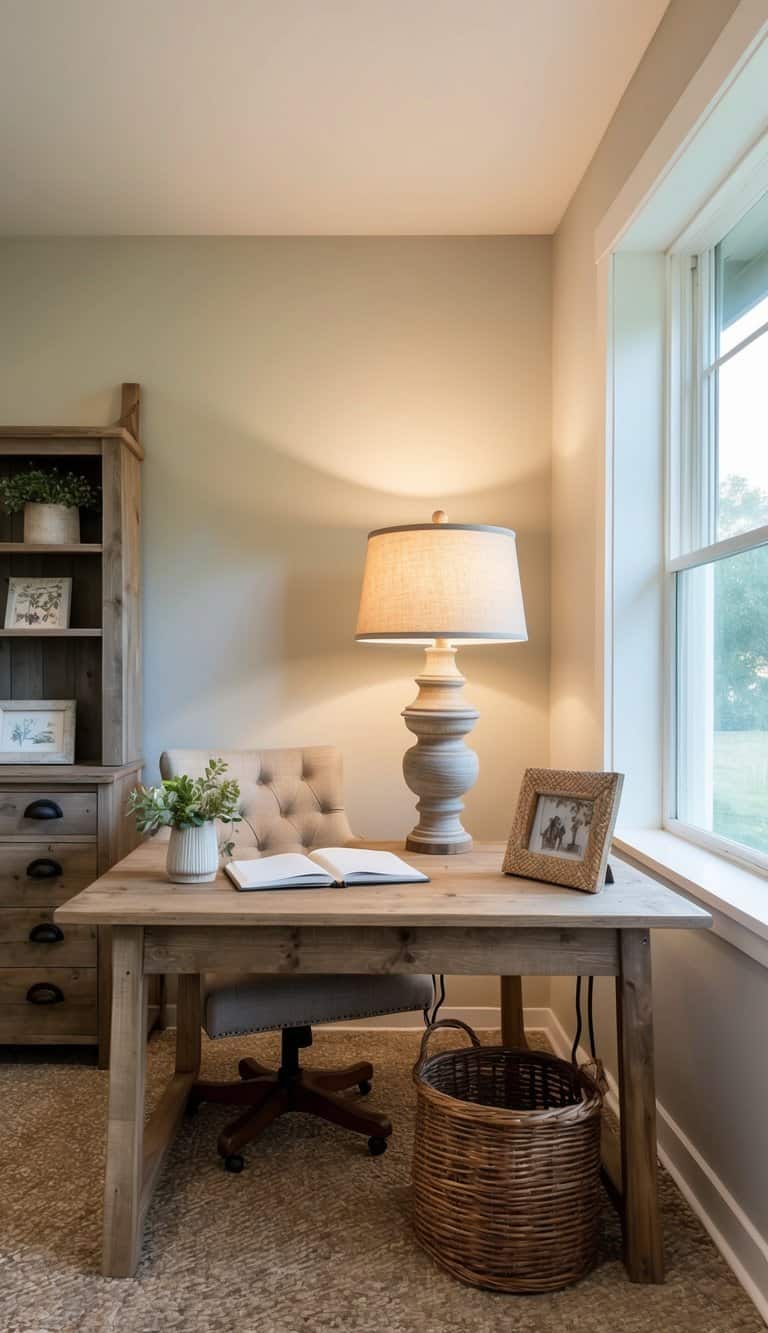 A farmhouse table lamp illuminates a rustic home office with reclaimed wood furniture and vintage decor
