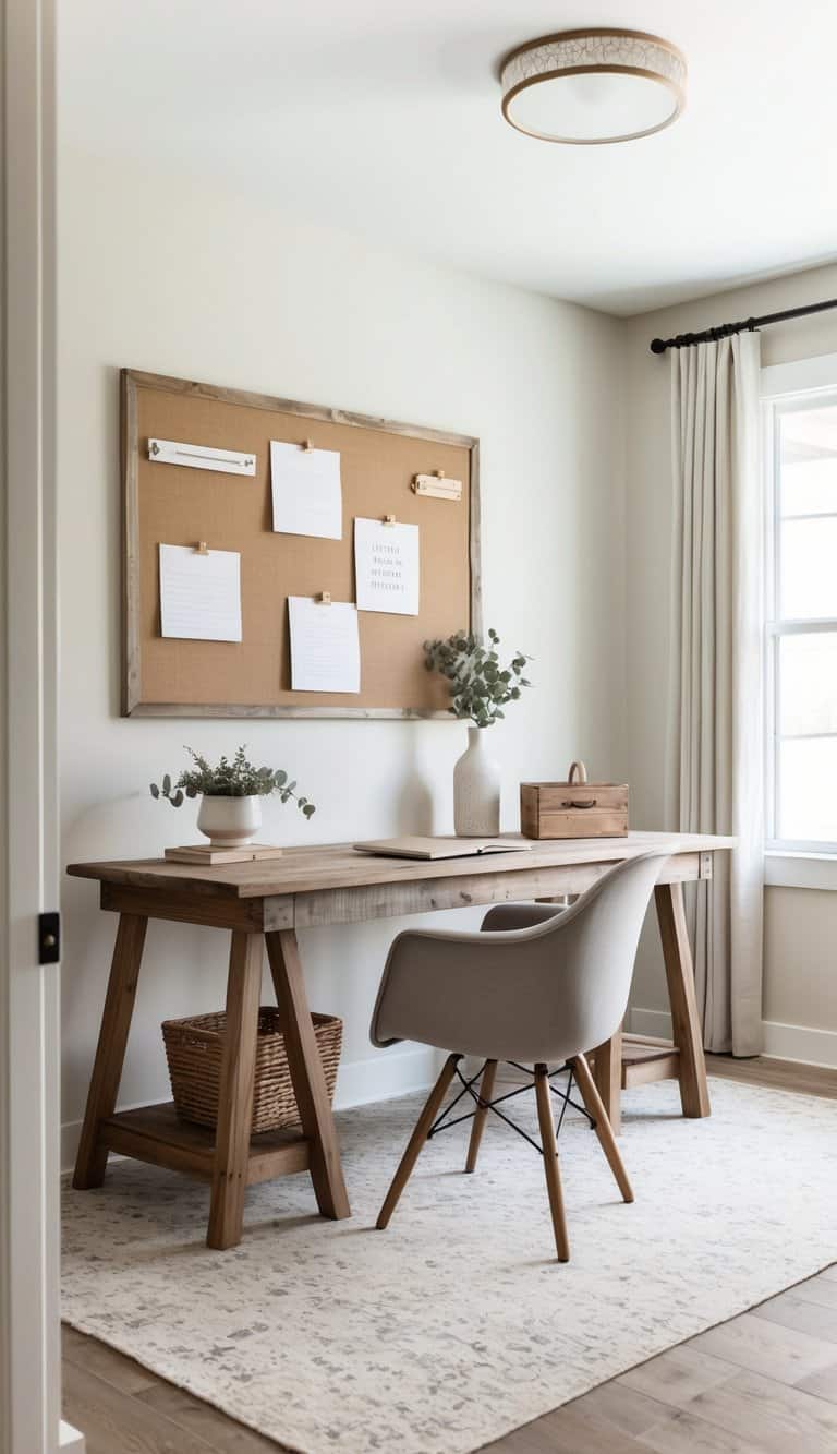A linen bulletin board adorned with rustic decor and reclaimed wood furniture in a farmhouse home office setting