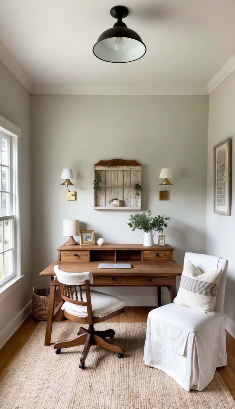 A cozy farmhouse home office with a wooden desk, vintage decor, and a chair with a cotton slipcover