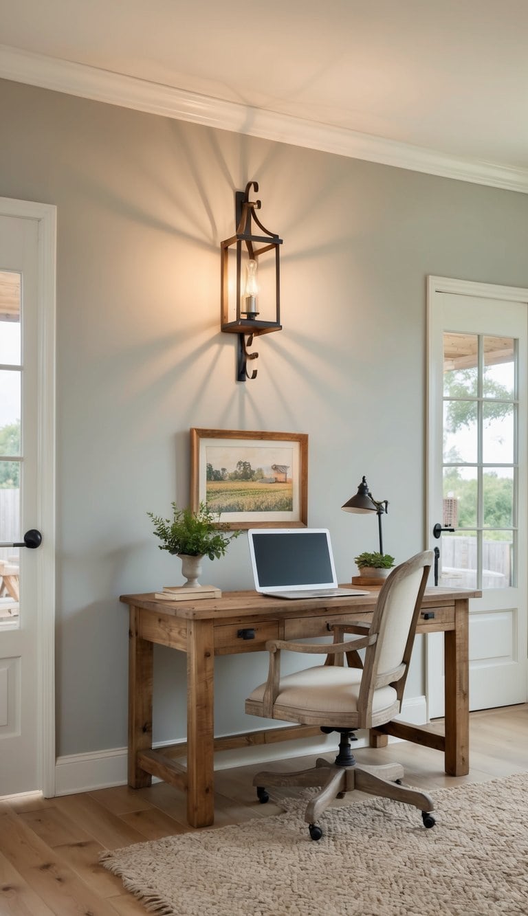 An iron wall sconce illuminates a rustic farmhouse home office with reclaimed wood furniture and vintage decor