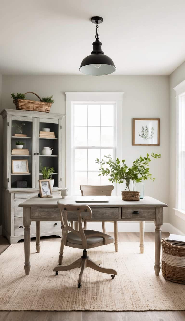 A cozy farmhouse home office with weathered wood furniture and vintage accents