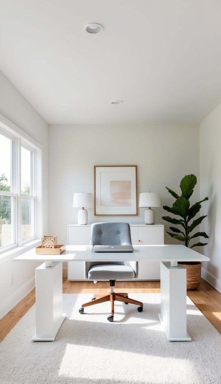 A white desk riser with minimalistic decor in a bright, airy home office