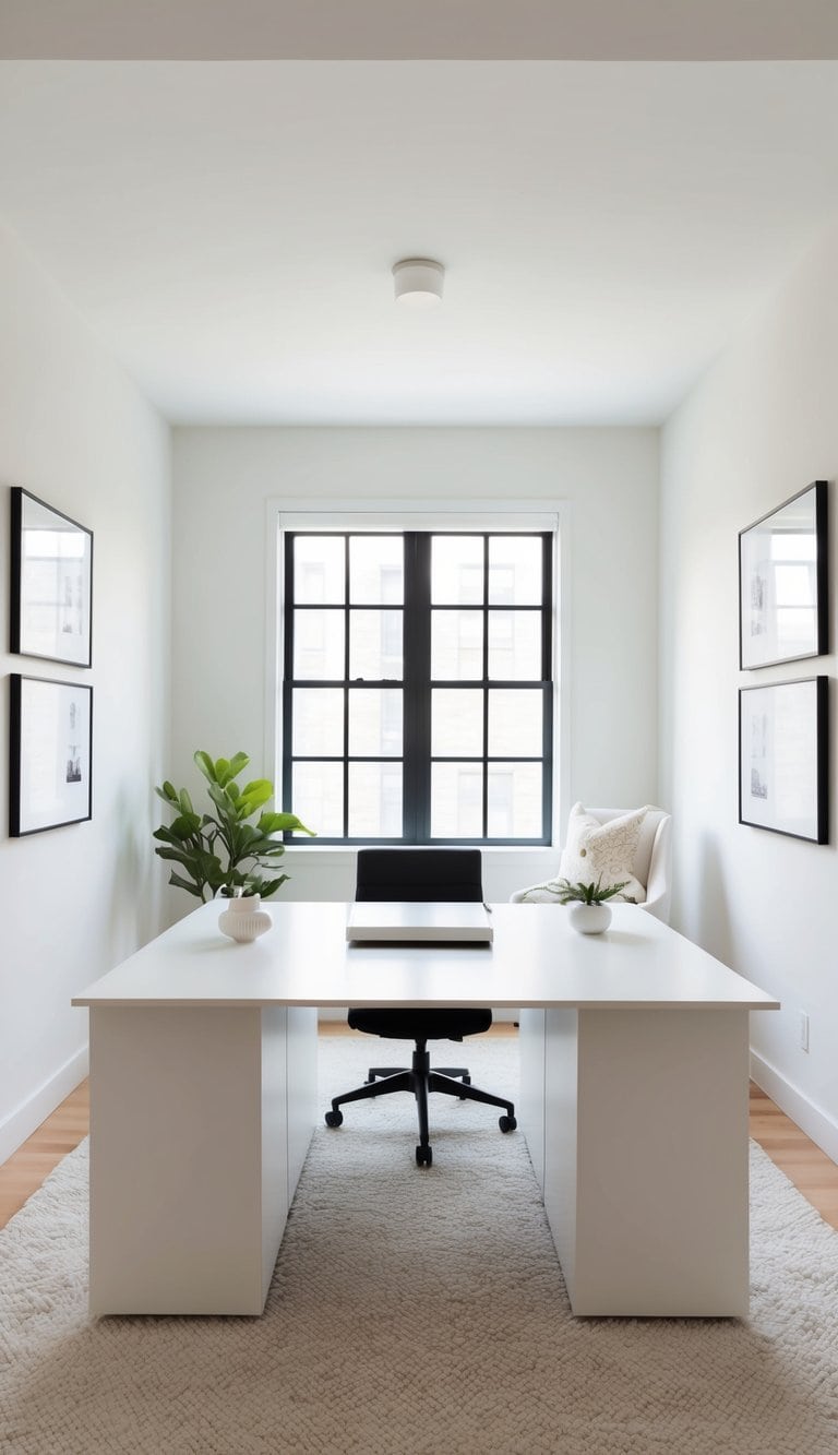 A white wraparound desk with minimal decor and bright natural light streaming in, creating a clean and fresh workspace