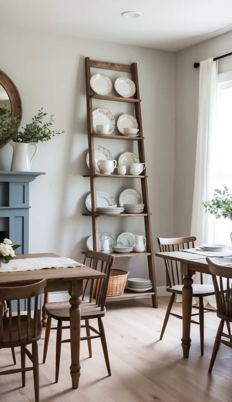 A rustic ladder shelf holds vintage dishes and decor in a cozy farmhouse dining room with wooden tables and vintage inspiration