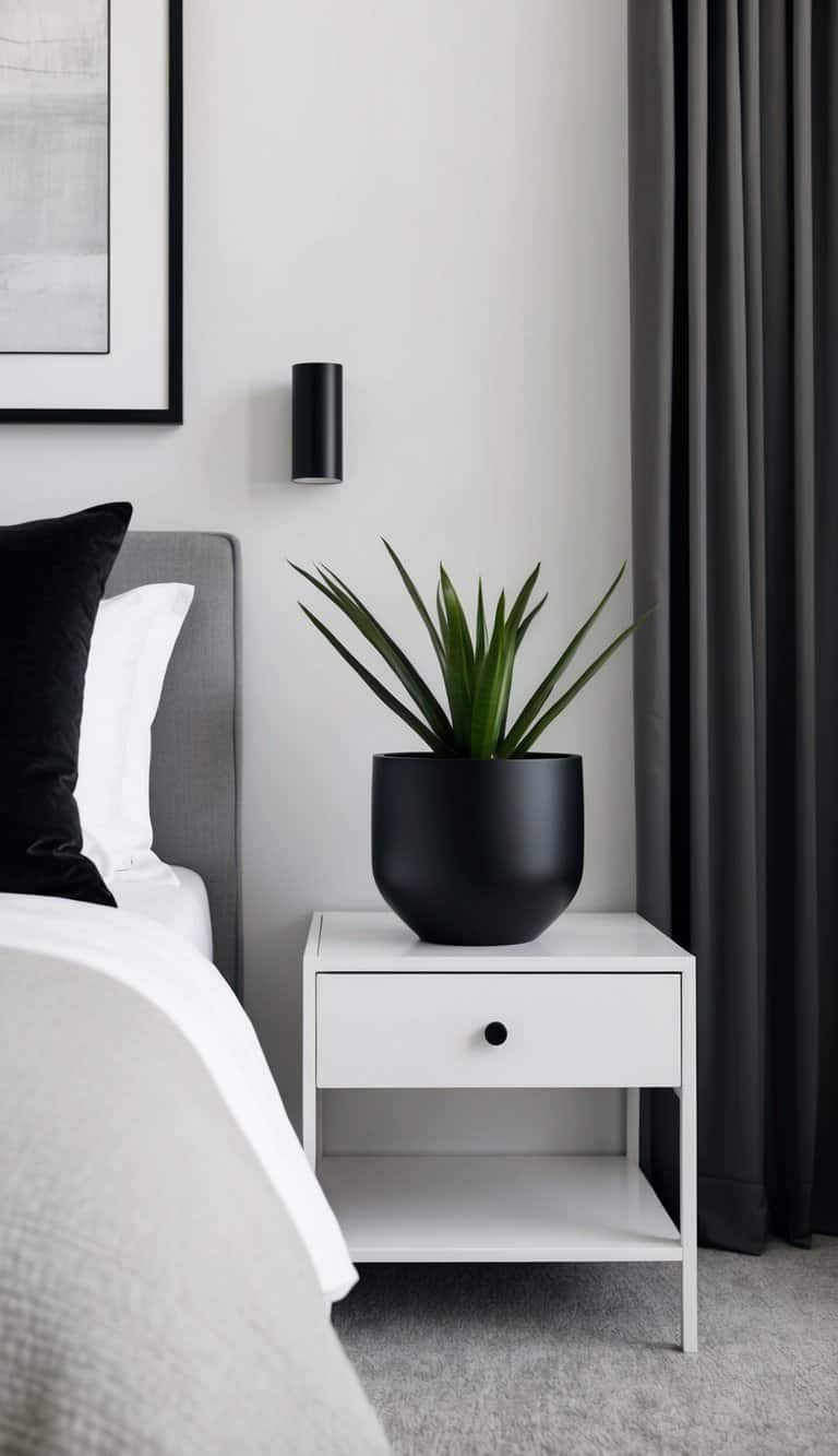 A sleek, pitch-black planter sits on a white bedside table in a modern, monochrome bedroom