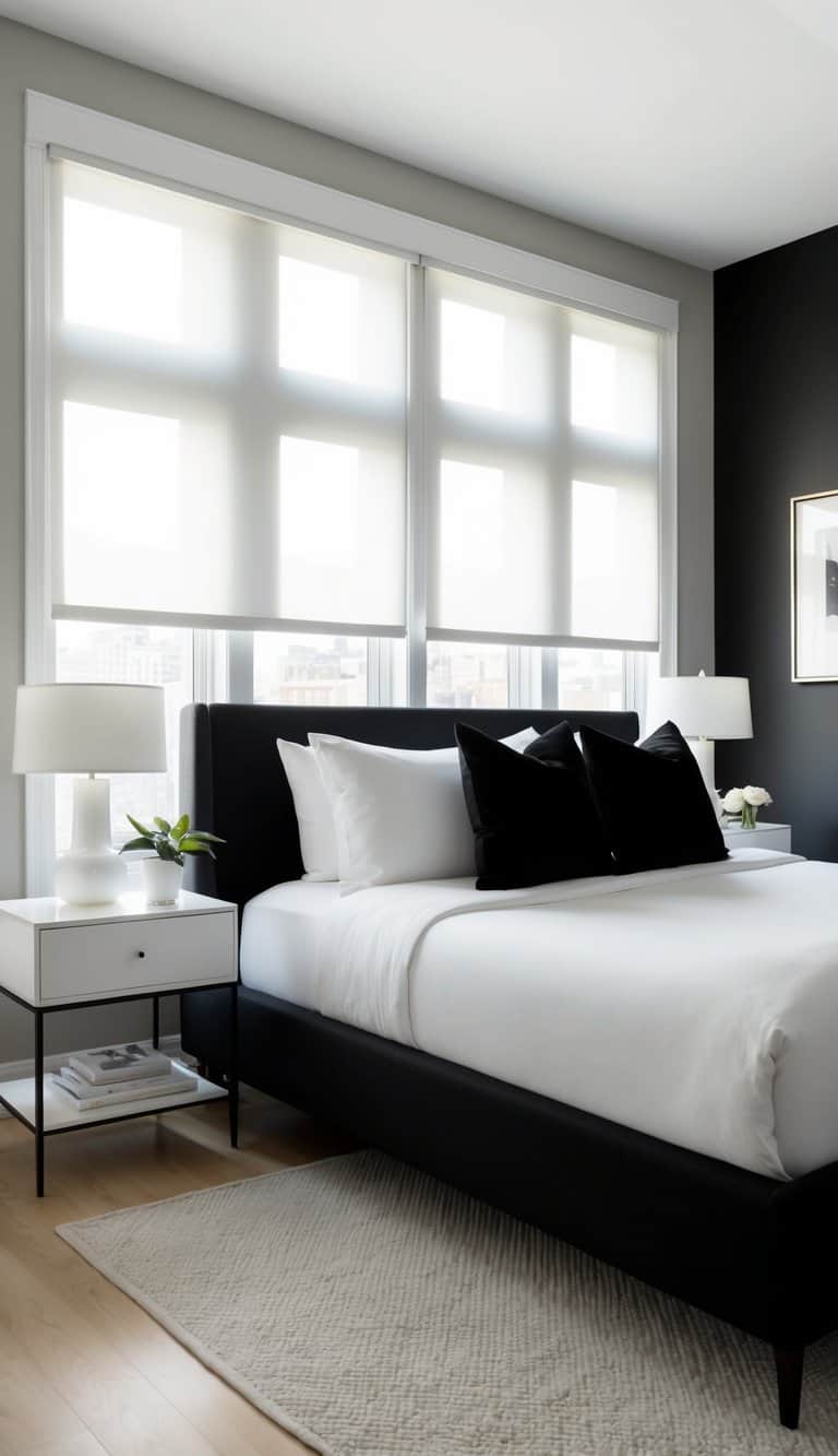 A sleek black and white bedroom with milky white window blinds, creating a classic contrast in the minimalist decor