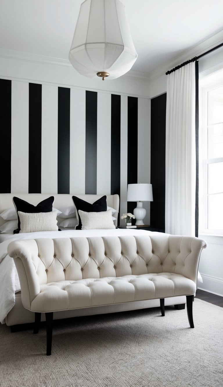 A sleek ivory tufted bench sits against a backdrop of black and white decor, creating a classic contrast in the bedroom