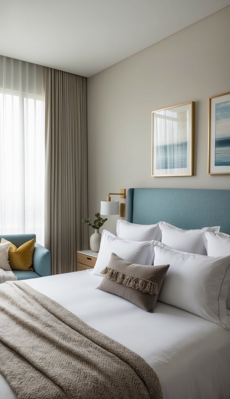 A neatly made bed with luxurious Egyptian cotton sheets, adorned with decorative pillows and a cozy throw blanket, in a well-lit and inviting guest bedroom