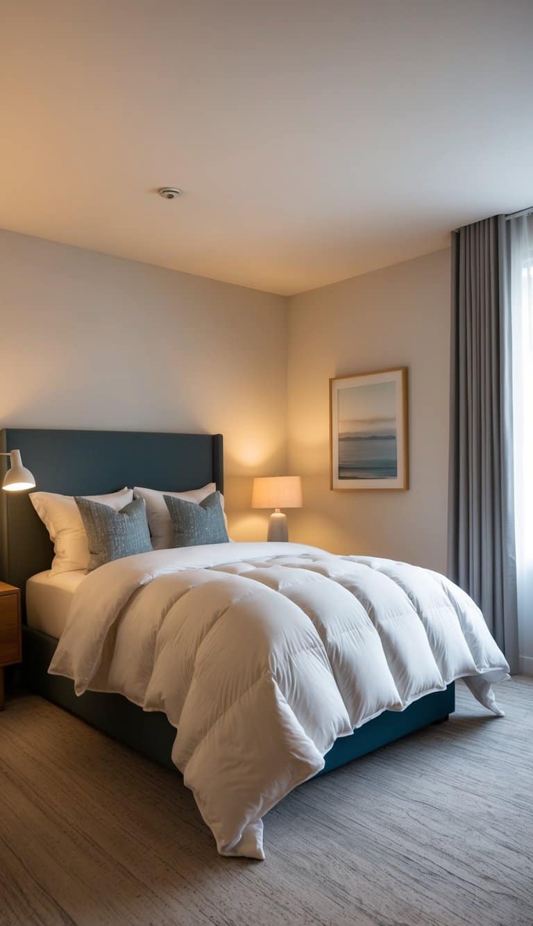 A plush, fluffy goose down comforter adorns a neatly made bed in a cozy guest bedroom, with soft lighting and tasteful decor creating a warm and inviting atmosphere
