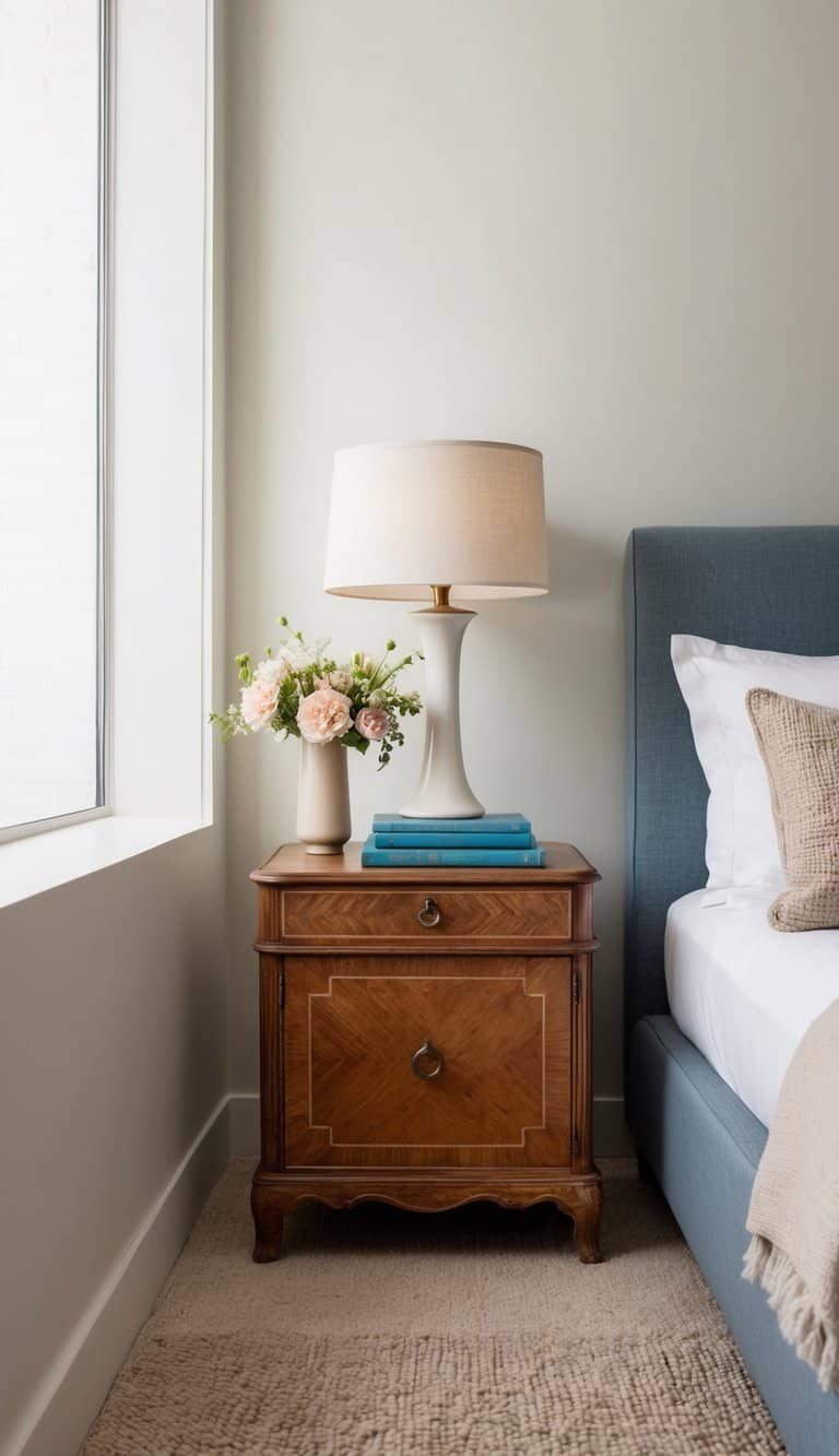 A vintage wooden nightstand with a lamp, a book, and a vase of flowers