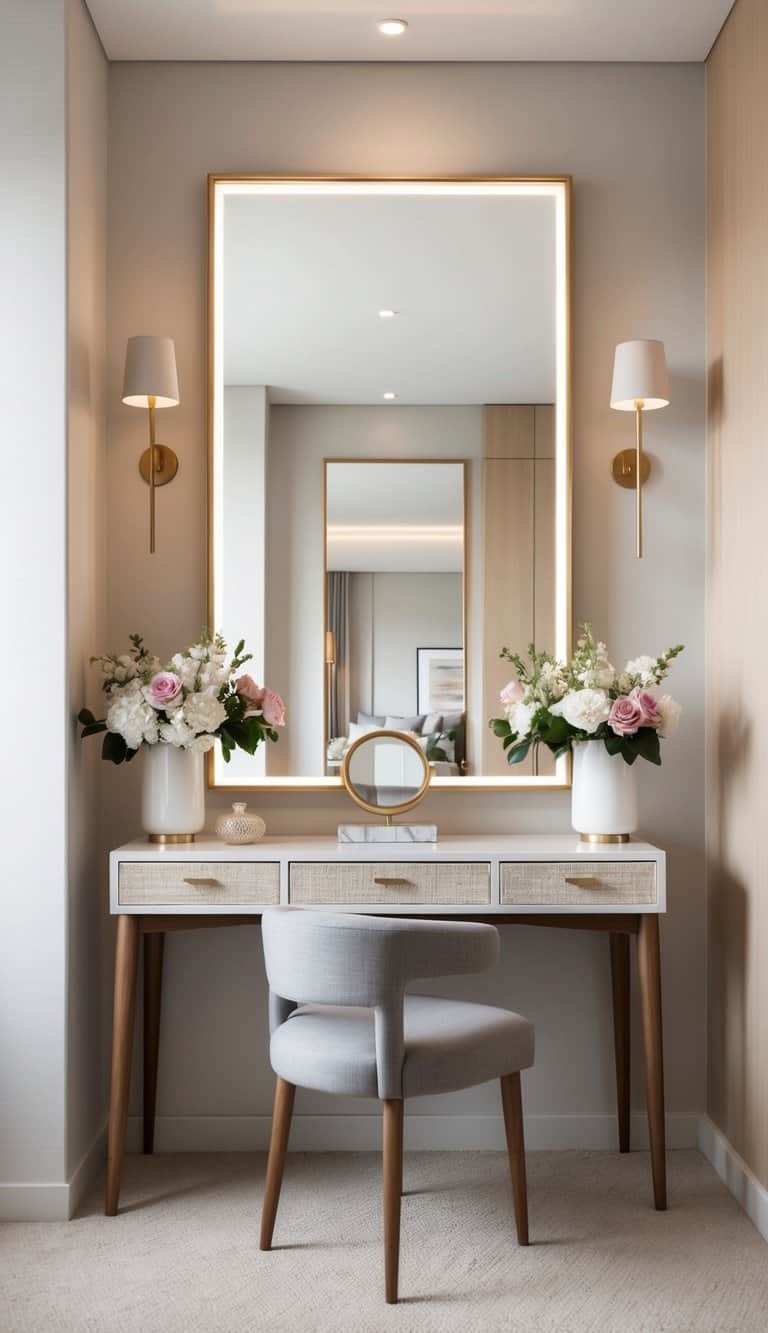 A beautifully adorned dressing table with a mirror, flowers, and elegant decor