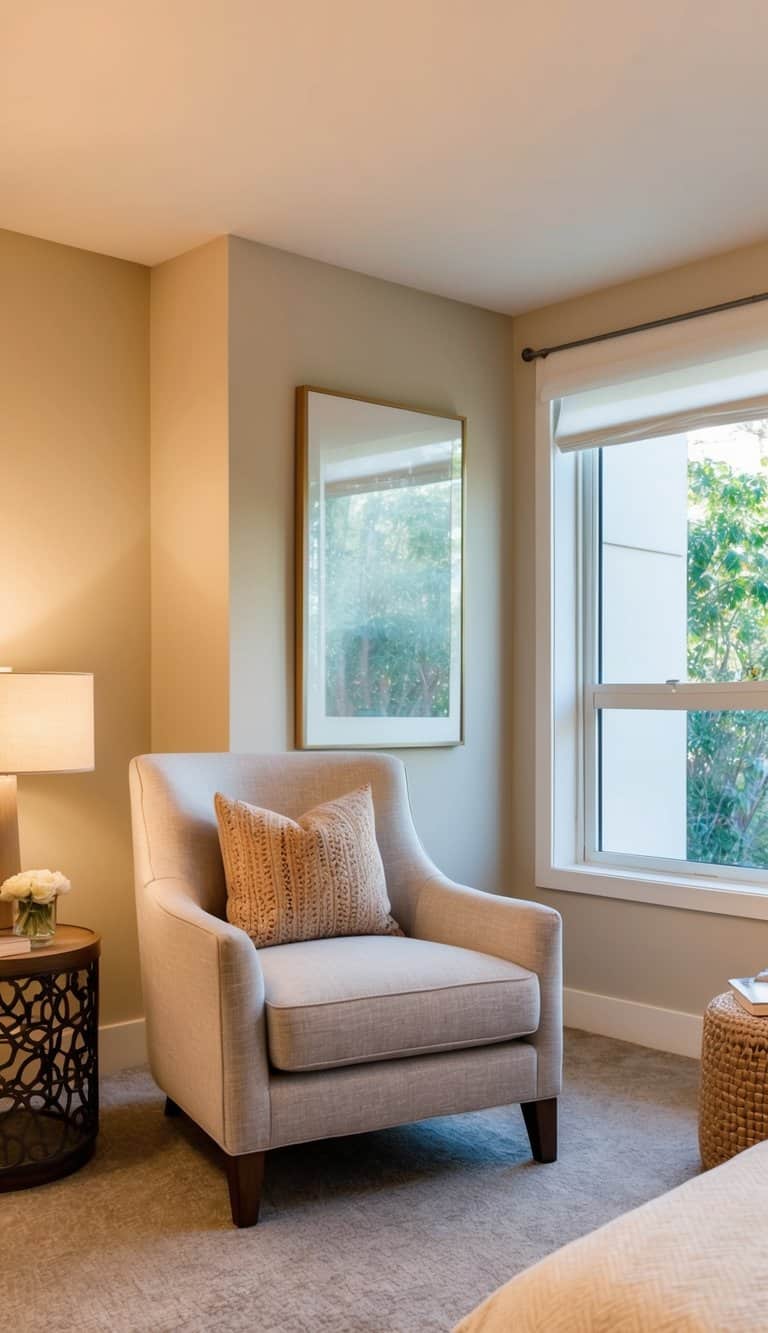 A cozy armchair sits in a warmly lit guest bedroom, inviting visitors to relax and unwind in the welcoming atmosphere