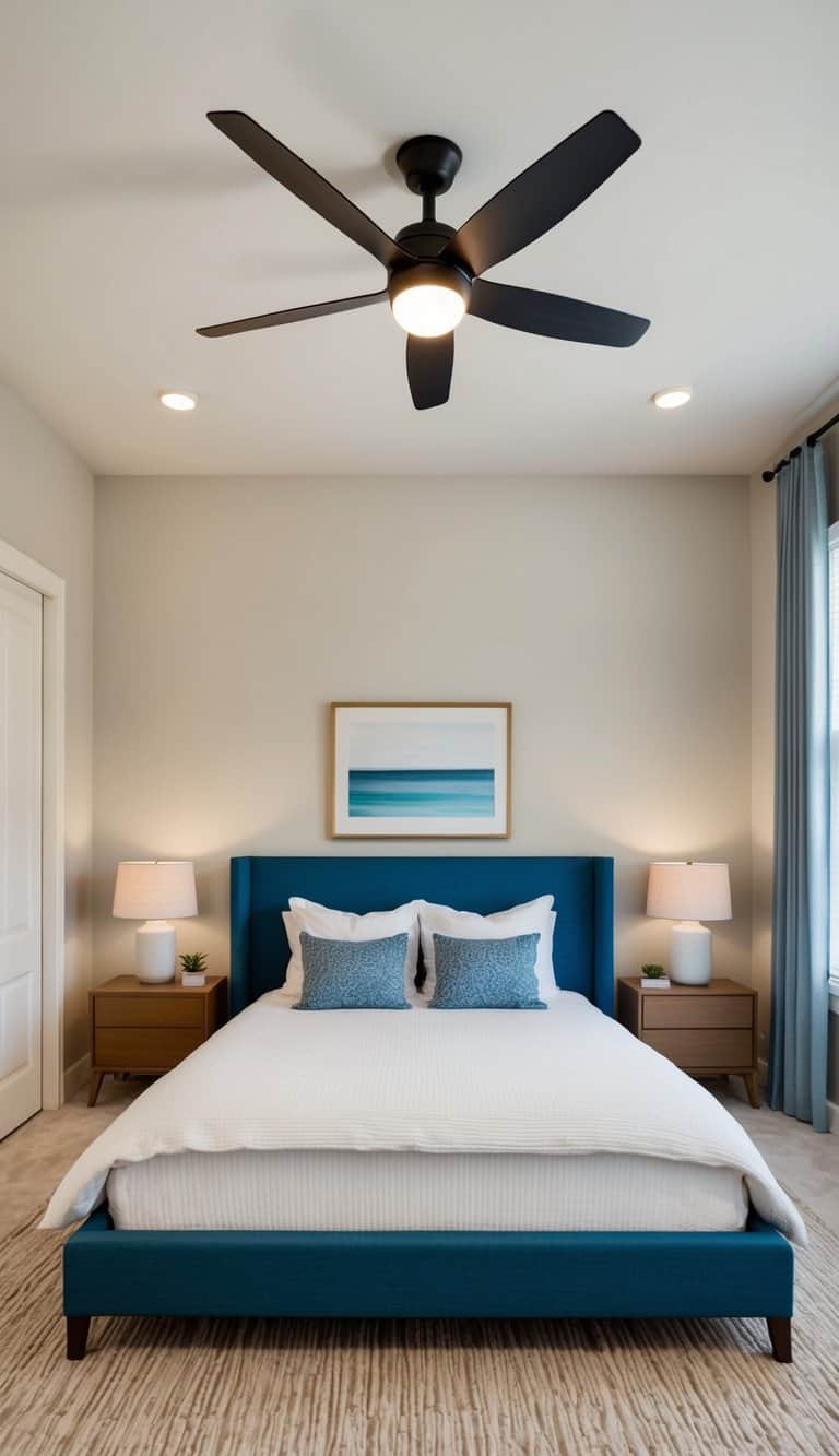 A modern ceiling fan casting a gentle breeze over a neatly made bed in a spacious and inviting guest bedroom