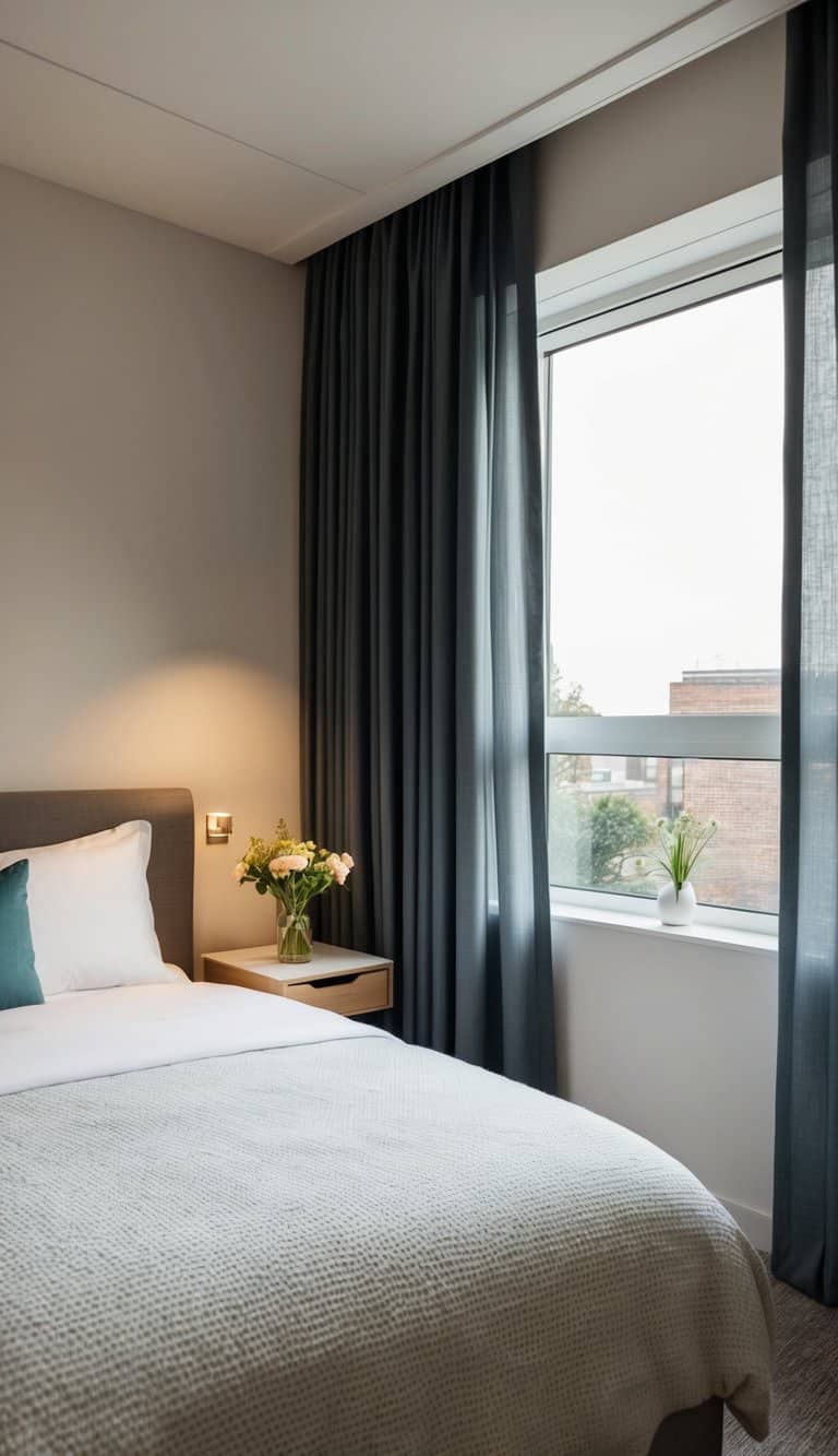 A cozy guest bedroom with blackout curtains, soft lighting, and a neatly made bed. A small vase of fresh flowers sits on the bedside table