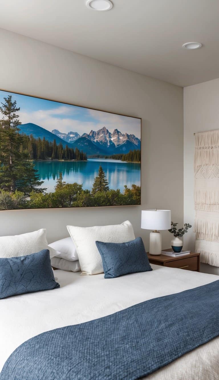 A cozy guest bedroom with a large wall art depicting local scenes such as mountains, lakes, and forests, creating a welcoming atmosphere for visitors