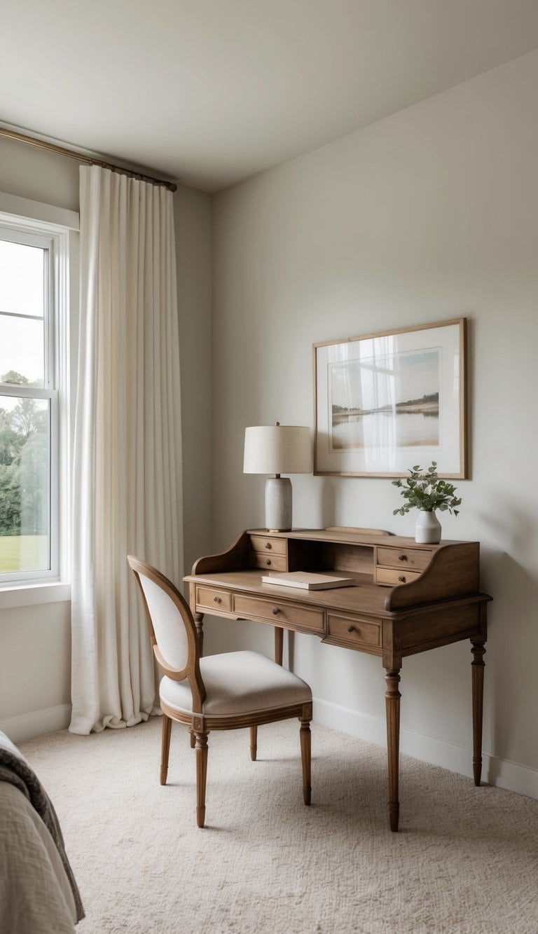 A vintage-style desk and chair sit in a cozy guest bedroom, inviting visitors to relax and unwind