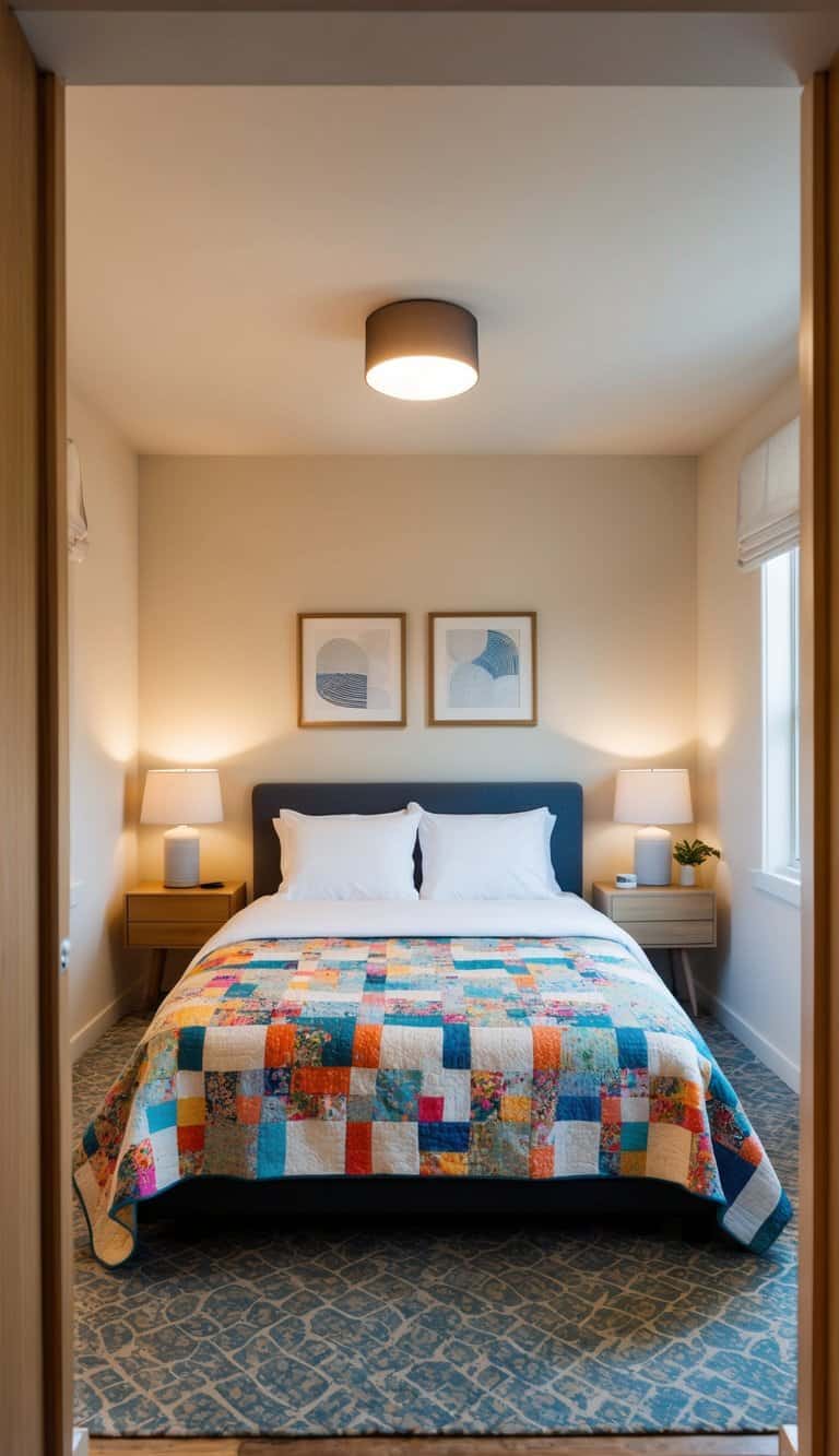 A cozy guest bedroom with a colorful quilt on a neatly made bed, surrounded by warm lighting and inviting decor