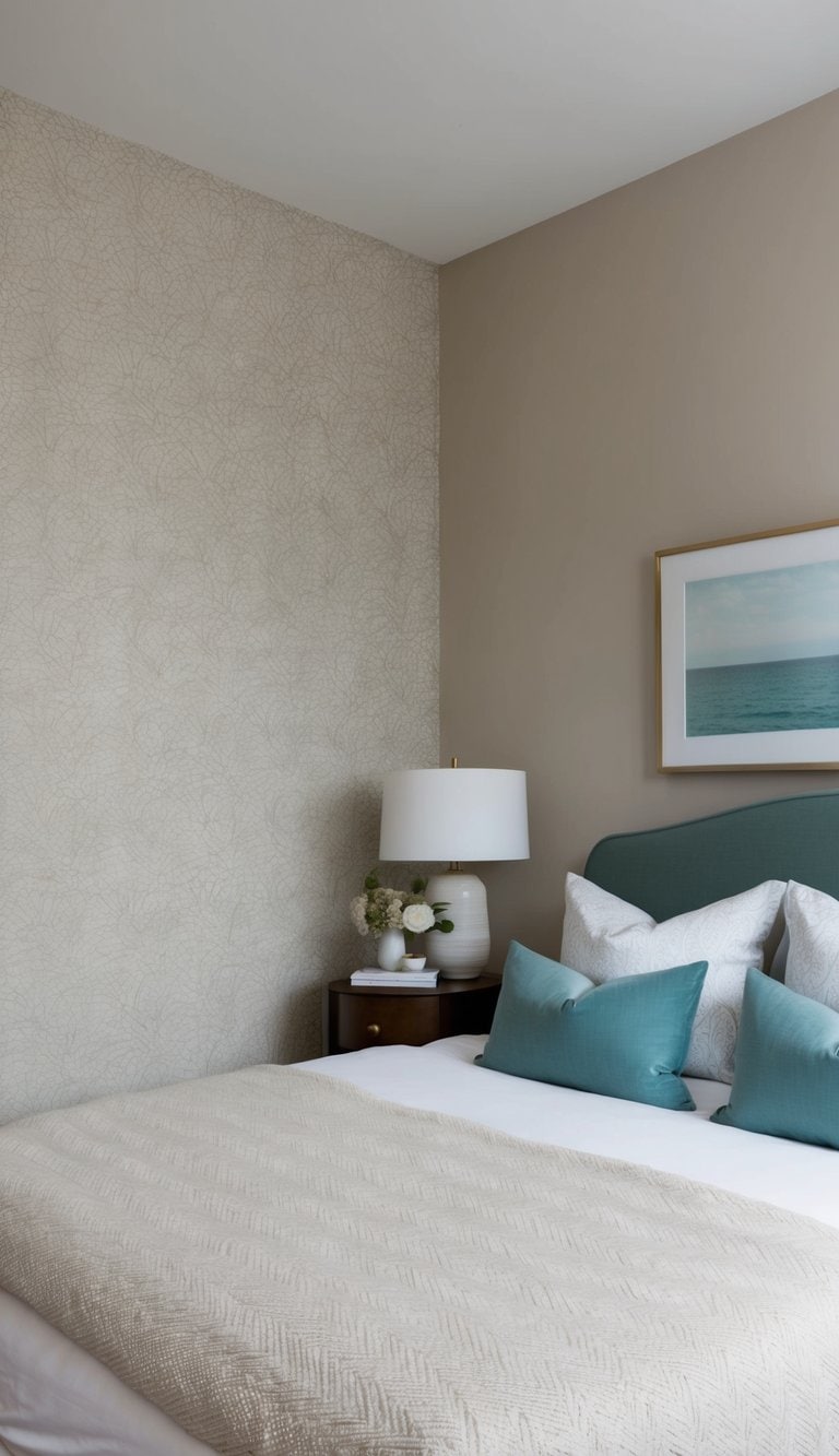 A cozy guest bedroom with a tasteful wallpaper accent wall, adorned with soft lighting and plush bedding