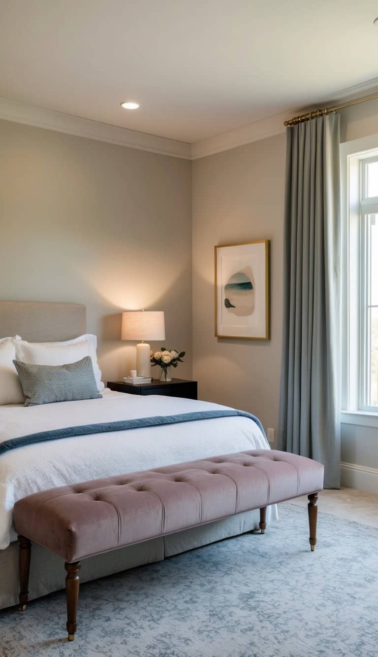 A velvet upholstered bench sits at the foot of a bed in a cozy guest bedroom, inviting visitors to relax and unwind