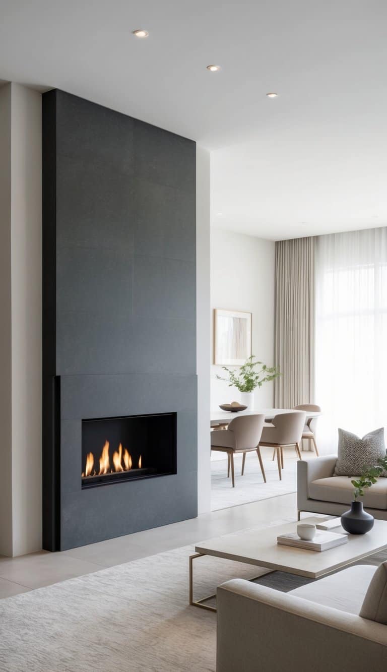 A sleek, matte slate fireplace with clean lines and neutral tones, set against a modern backdrop of minimalist sophistication