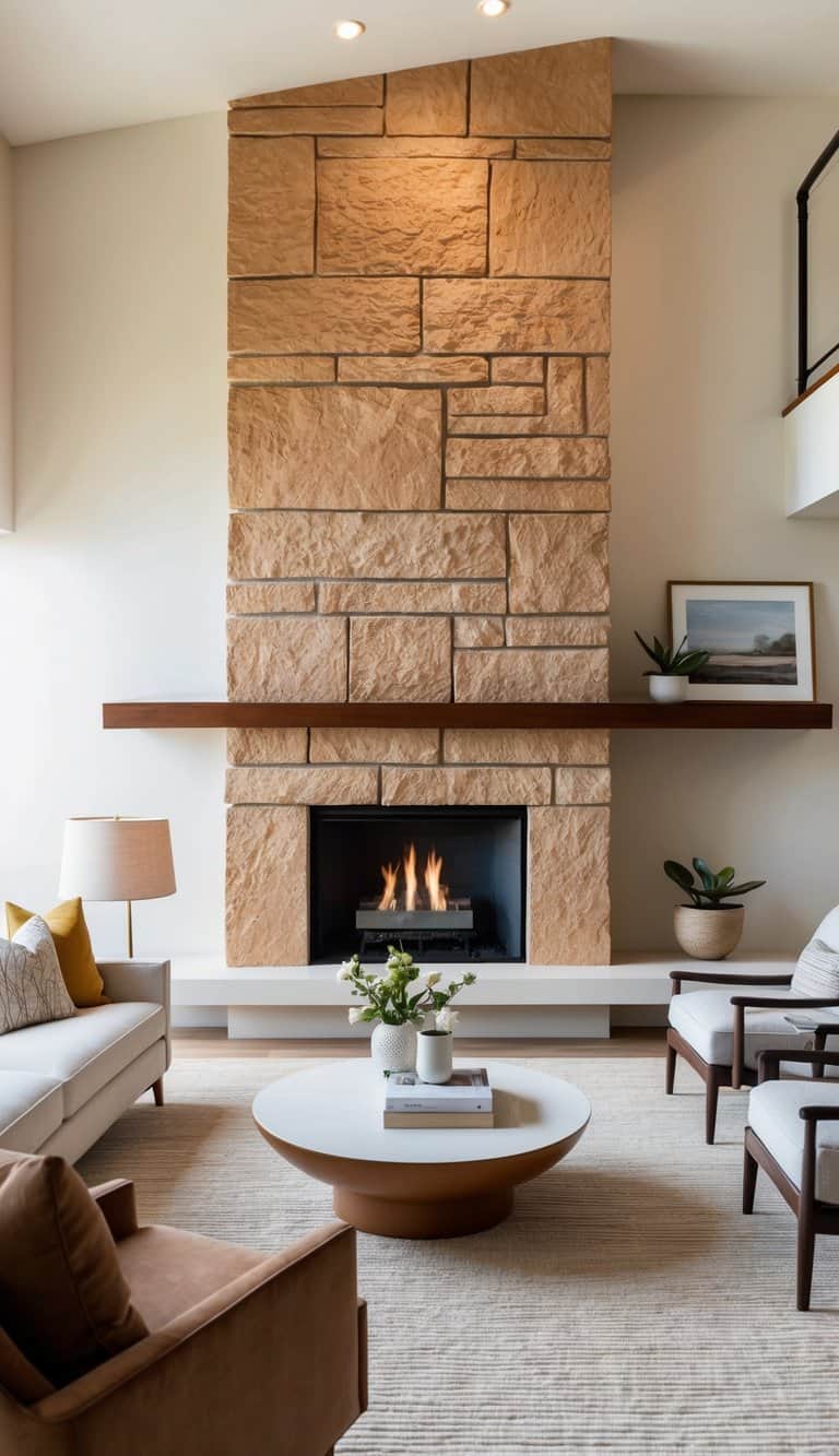 Warm sandstone fireplace with clean lines and modern design