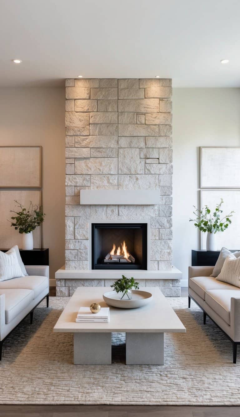 A modern stone fireplace with clean lines and neutral colors, surrounded by architectural stone blocks