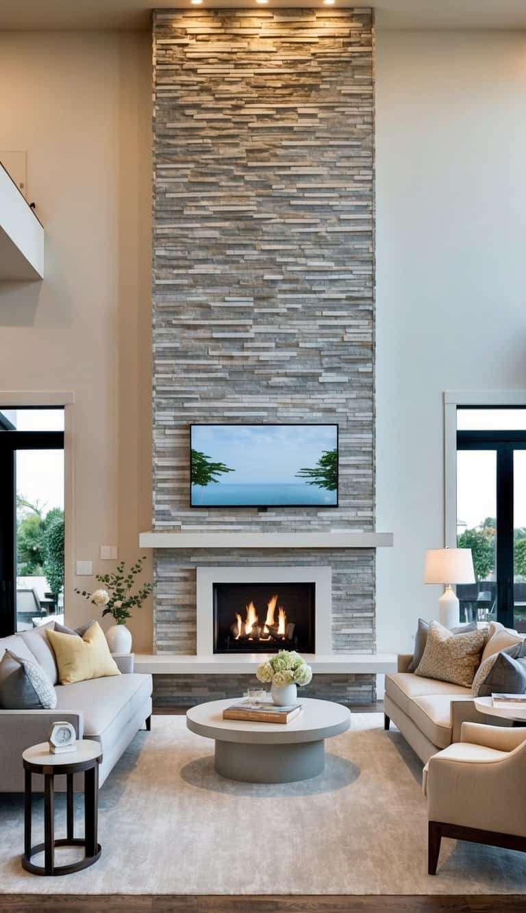 A modern stone fireplace with split-face stone tiles and clean lines