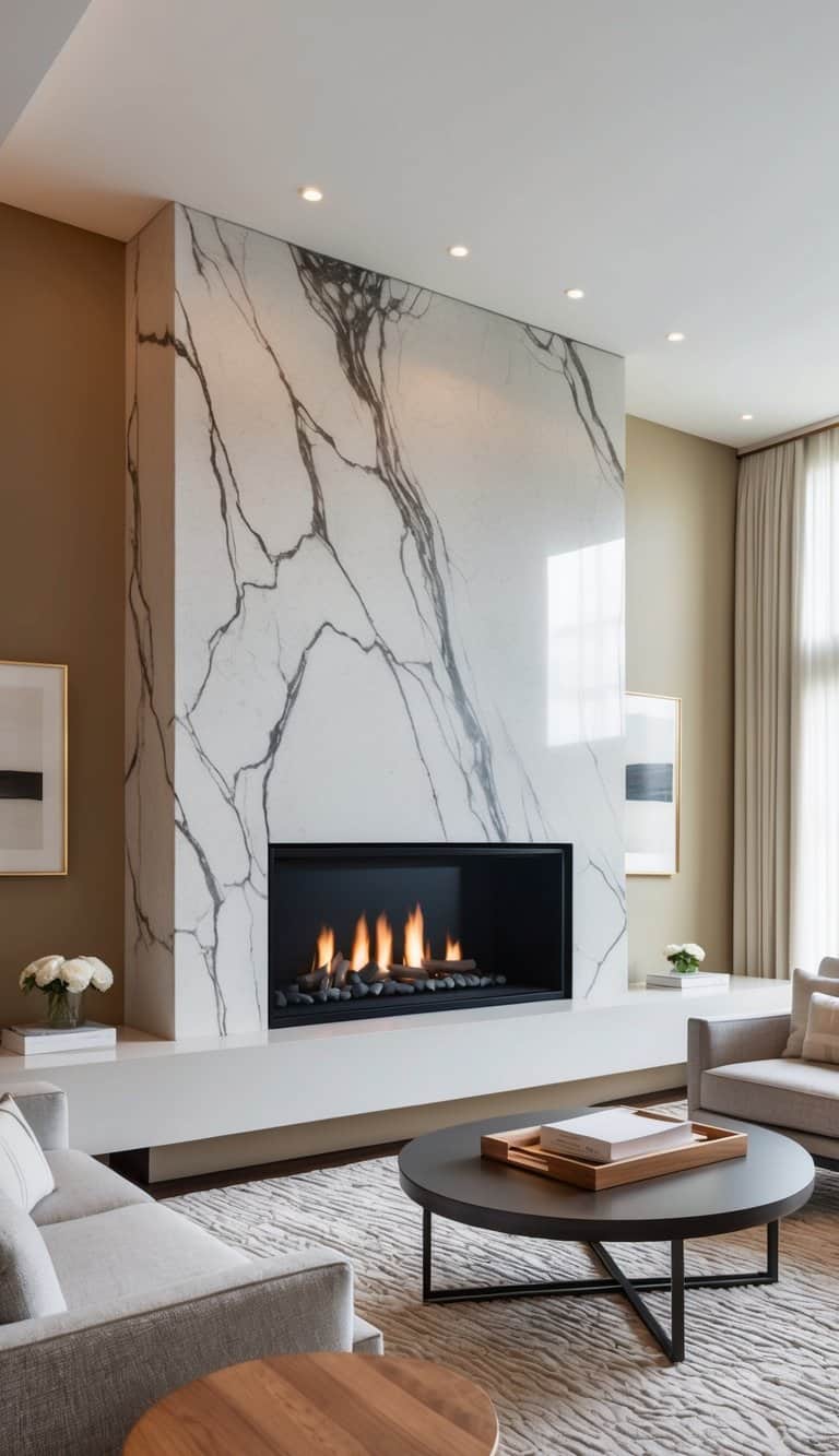 Sleek stone fireplace with bold veins, clean lines, and modern sophistication