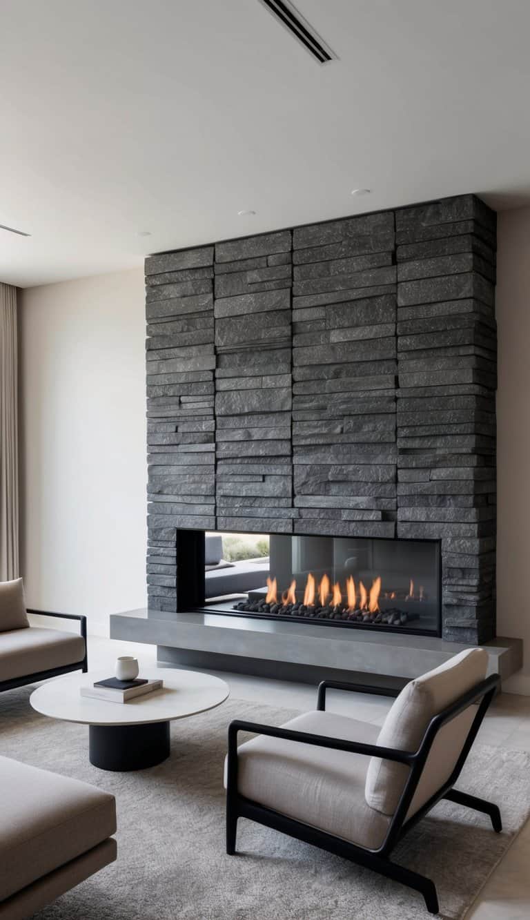 Moody charcoal stones form a sleek modern fireplace with clean lines and neutral tones