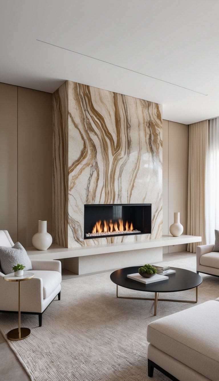 A sleek, modern stone fireplace with rich onyx veining, incorporating clean lines and neutral tones