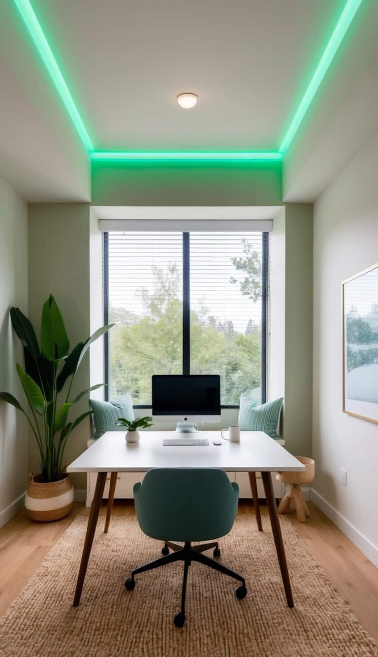 A home office with LED light strip in calming green tones for a nature-inspired space